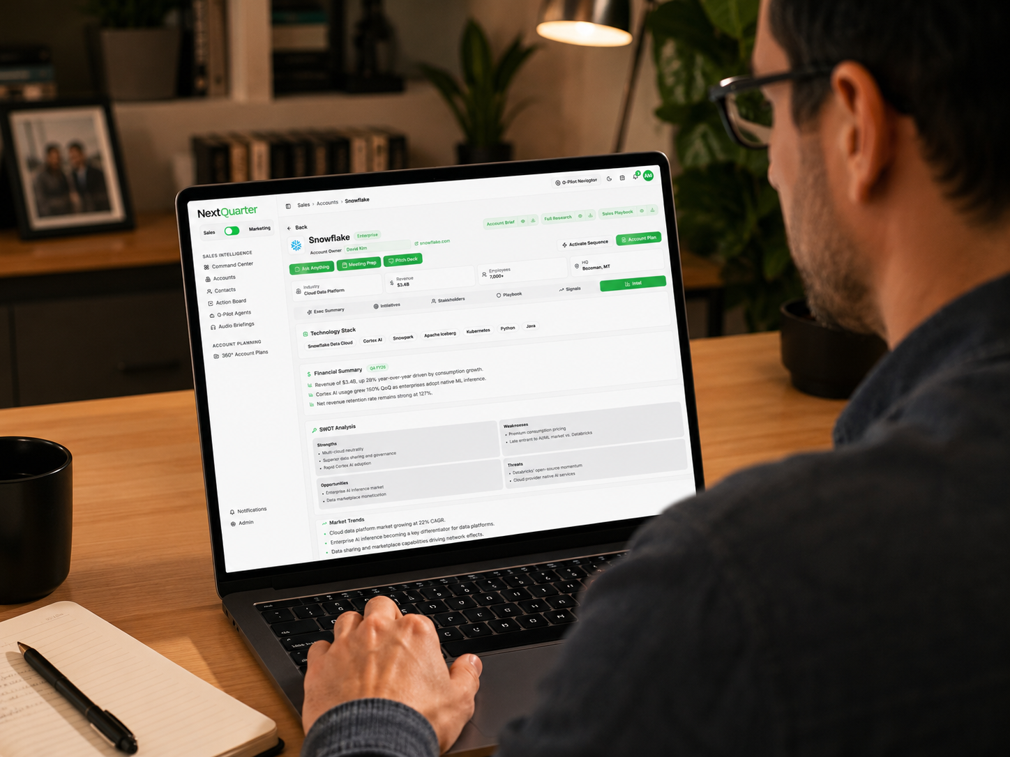 A sales enablement leader reviewing a Q-Pilot account intelligence view