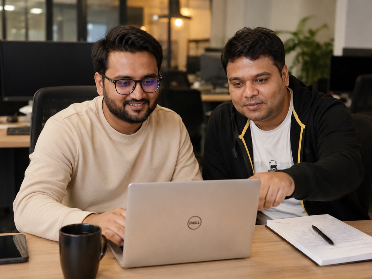 Two teammates pairing at a desk over a dashboard