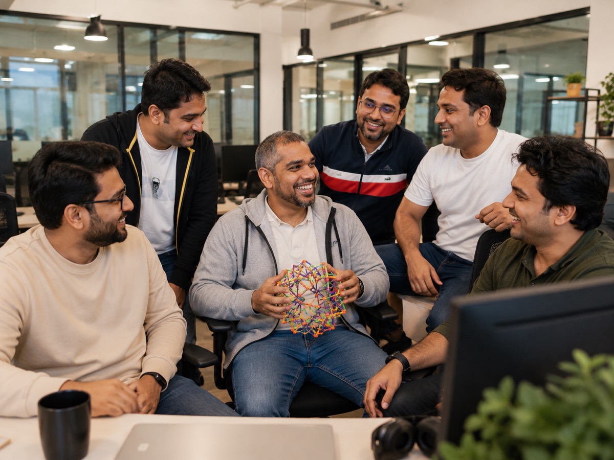 The Next Quarter team laughing together in a bright open office