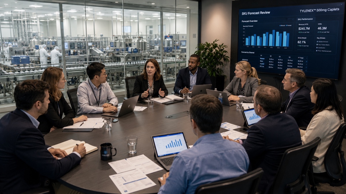 A pharma production and revenue team aligned on one SKU-level forecast