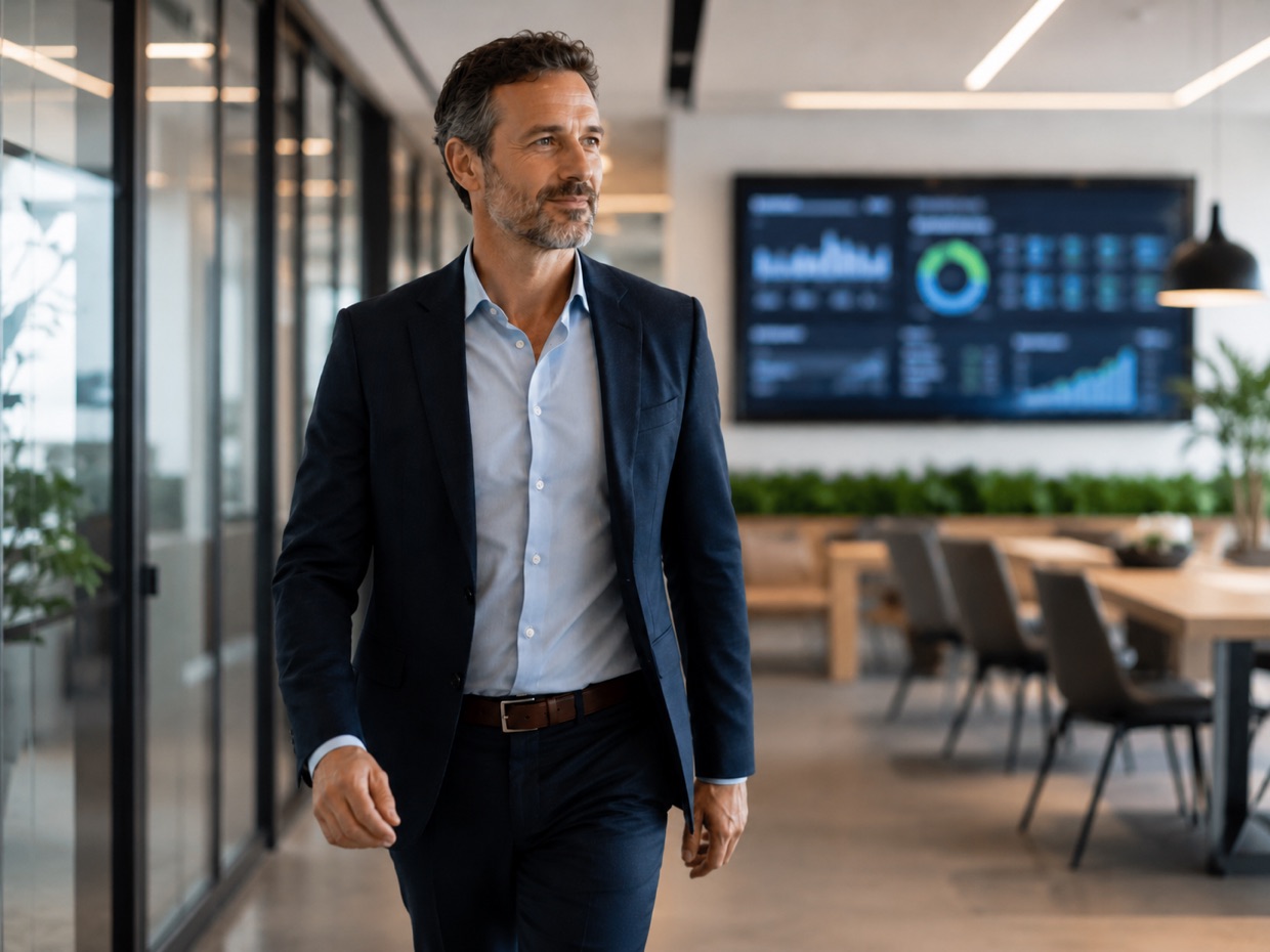 A revenue leader mid-stride through a modern HQ, a revenue dashboard on the wall screen behind
